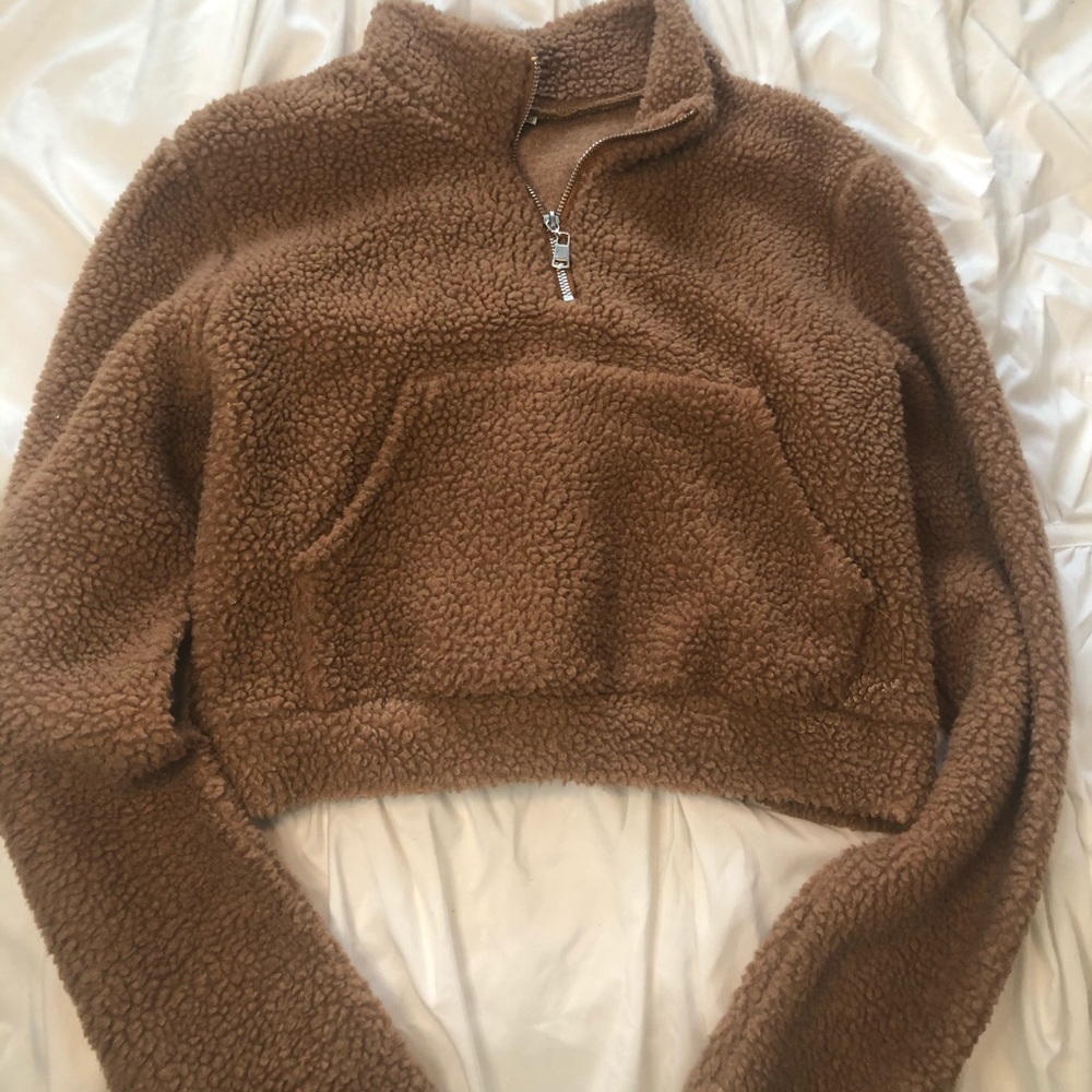 Quarter zip cropped faux fur sweater